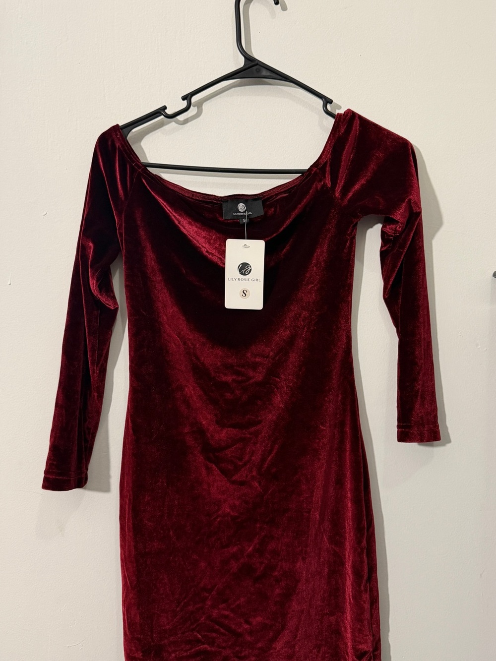 Lily Rose Deep Wine Velvet Long Sleeve Off-Shoulder Dress
